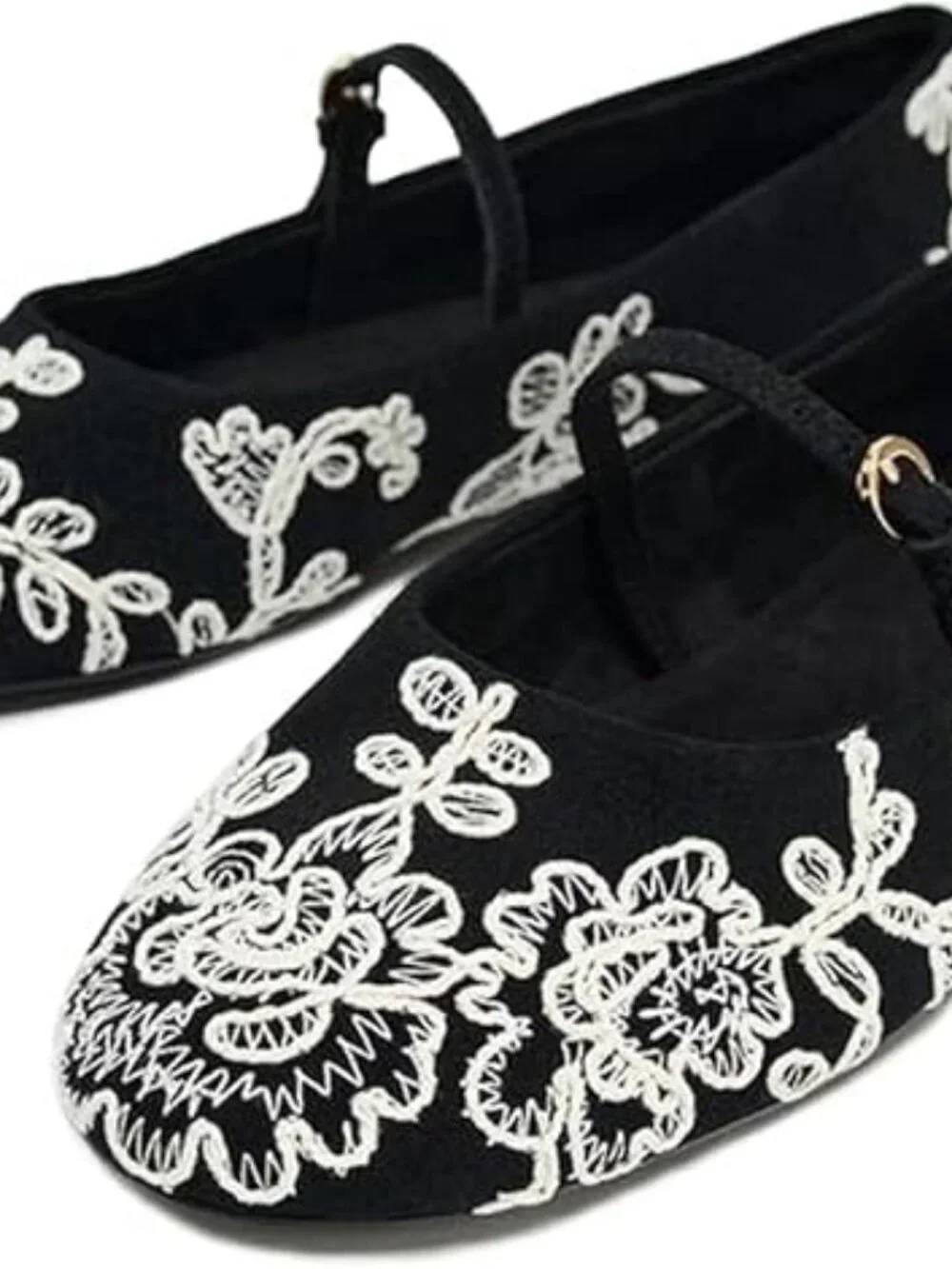 Women's Black Floral Mesh Ballet Flats Strap Round Toe Slip On Dressy Shoes